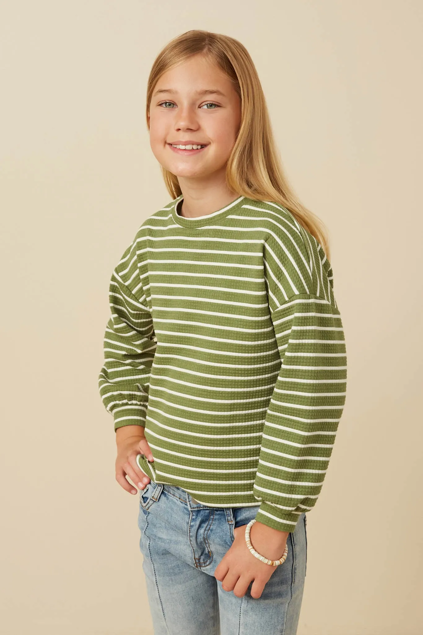 Waffle Textured Striped Drop Shoulder T Shirt