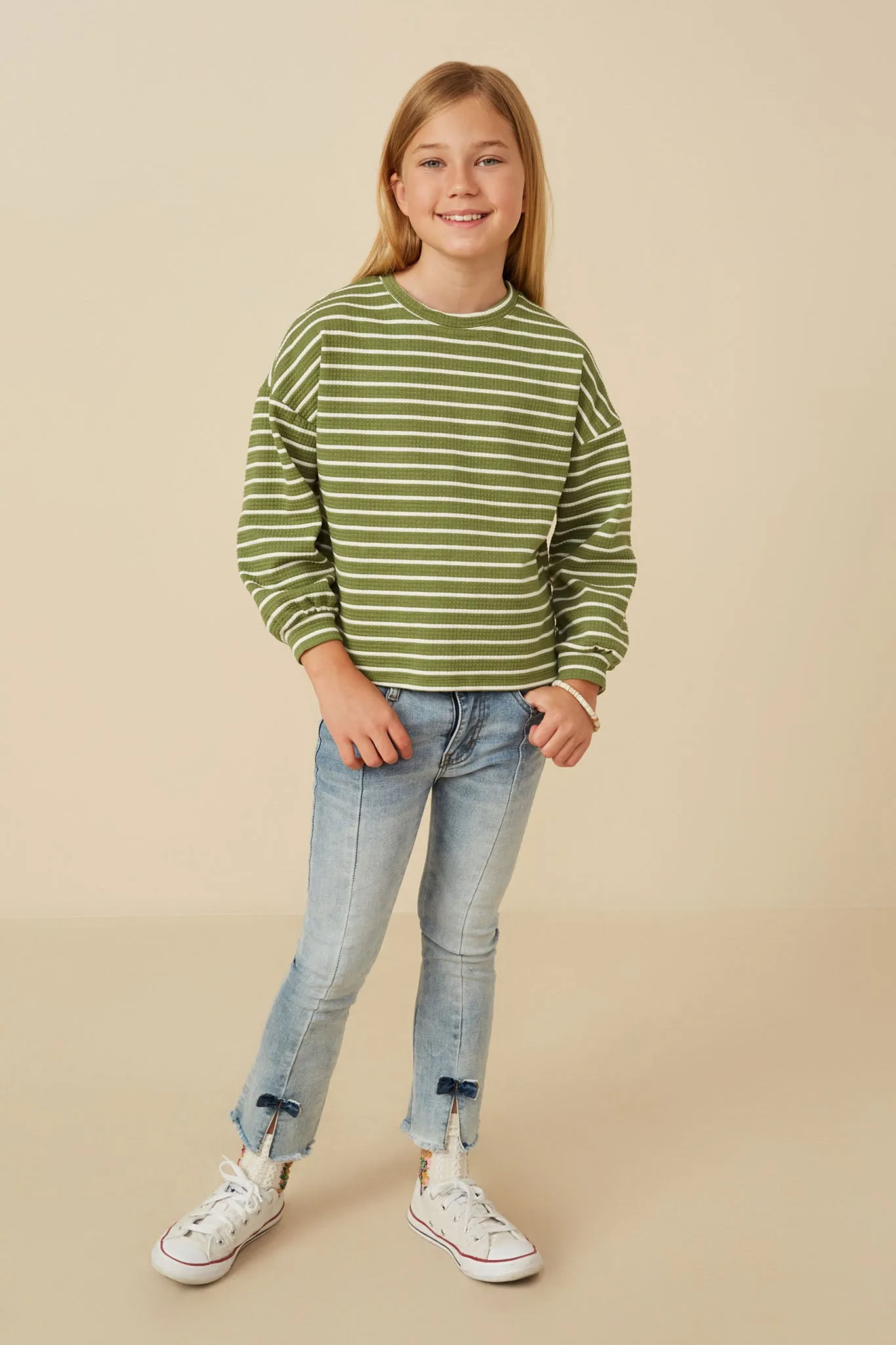 Waffle Textured Striped Drop Shoulder T Shirt