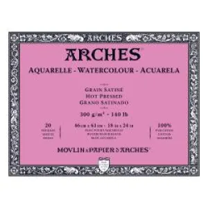 Watercolour Paper - BLOCK - ARCHES Aquarelle -  SATINE (HOT PRESSED / SMOOTH)  140 lb/ 300 gsm WHITE  46 x 61 cm, 18 x 24",