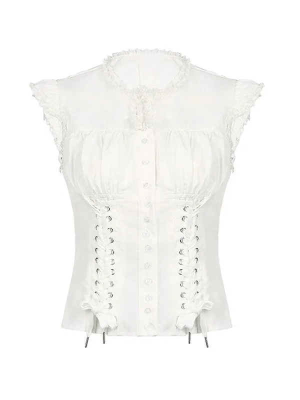 Weiße Vintage Schmalen Trägern Bluse mit Kurzen Ärmeln
