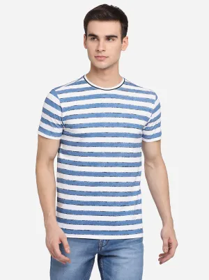 White & Blue Printed Slim Fit T-Shirt | JadeBlue