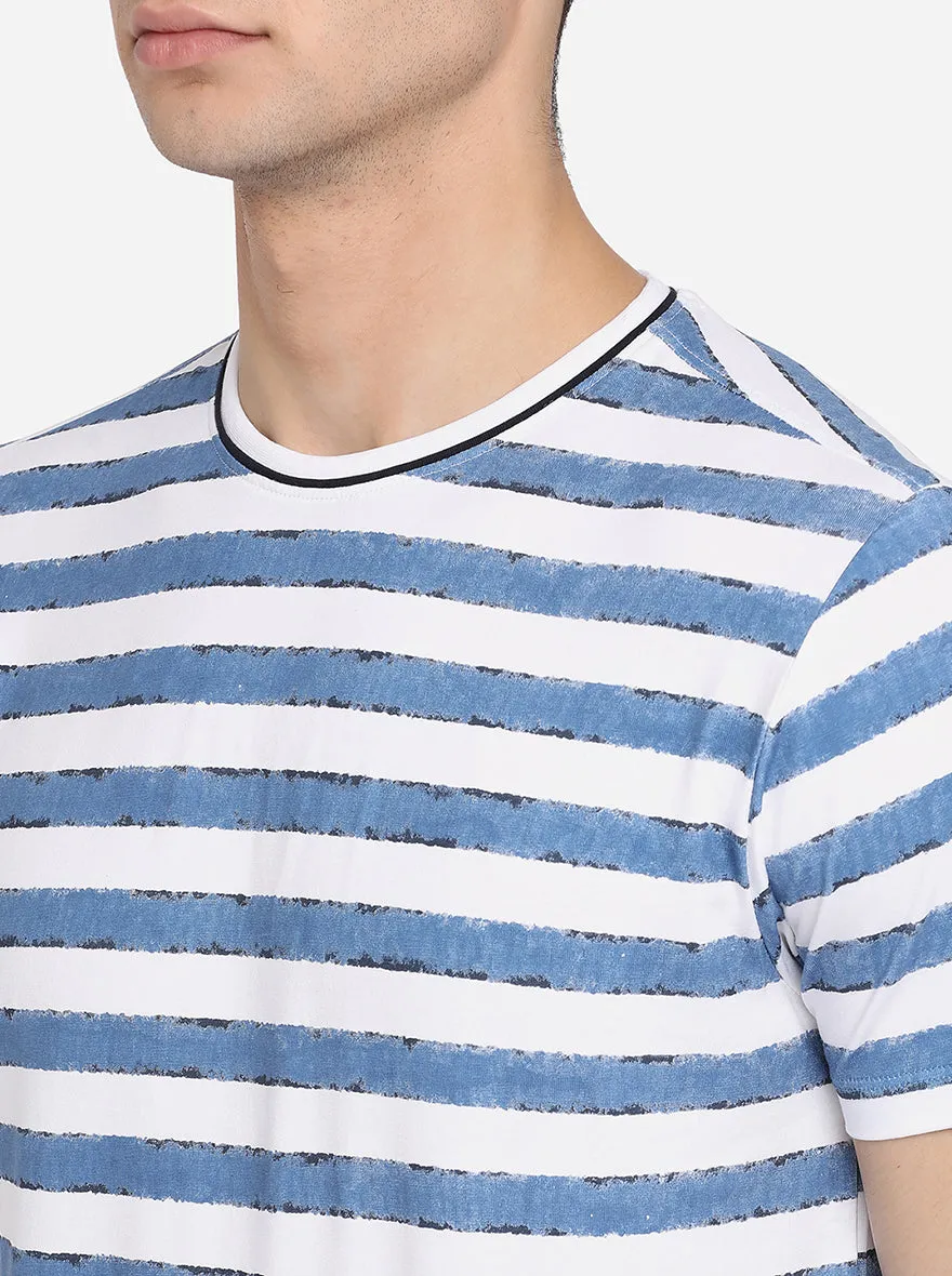 White & Blue Printed Slim Fit T-Shirt | JadeBlue