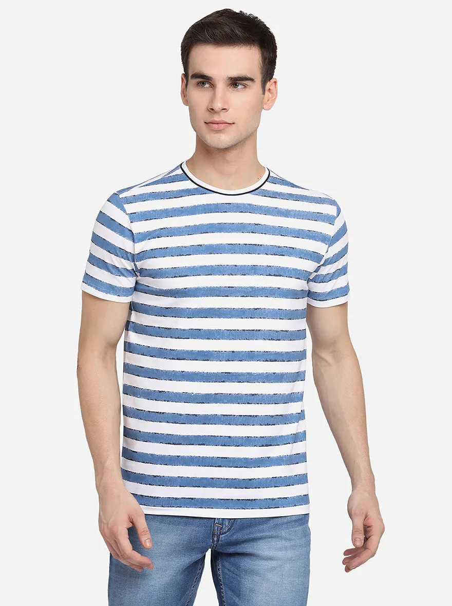 White & Blue Printed Slim Fit T-Shirt | JadeBlue