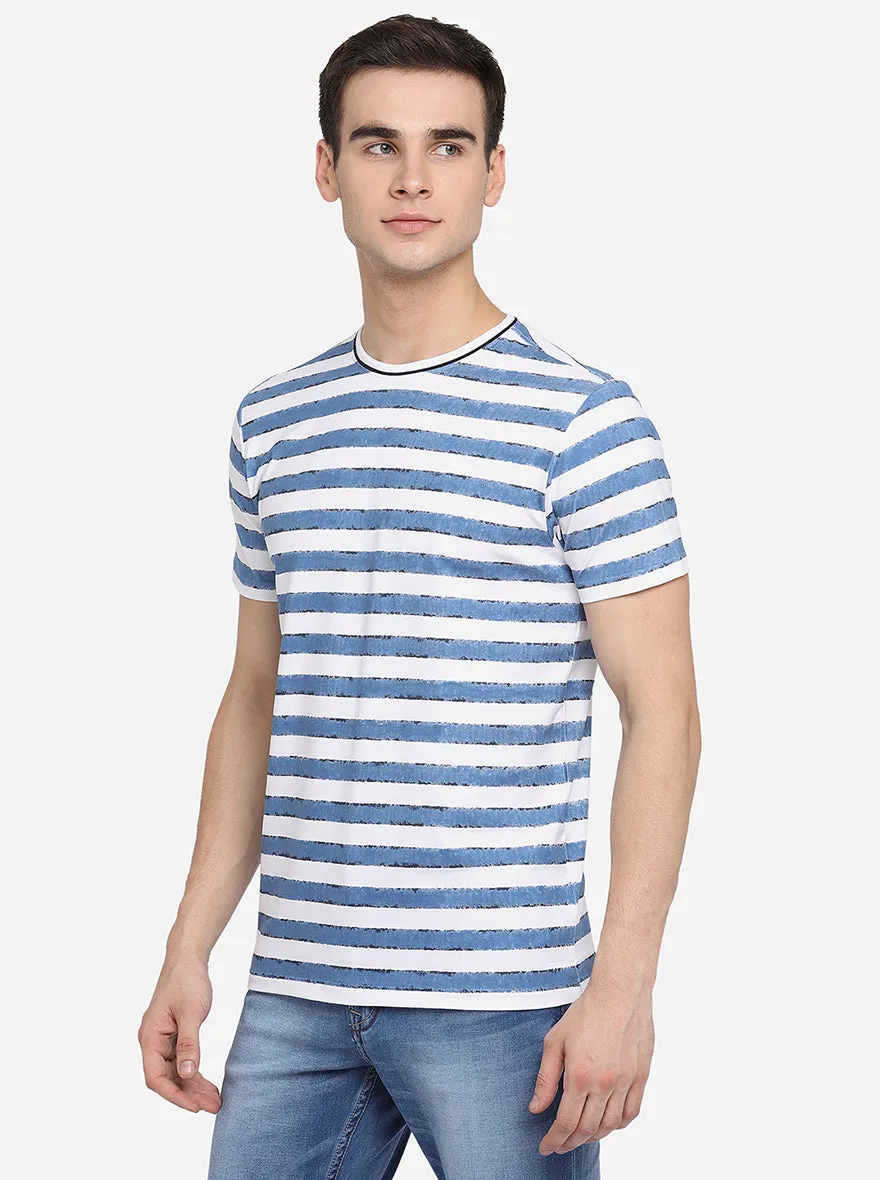 White & Blue Printed Slim Fit T-Shirt | JadeBlue