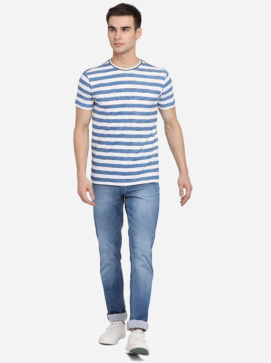 White & Blue Printed Slim Fit T-Shirt | JadeBlue