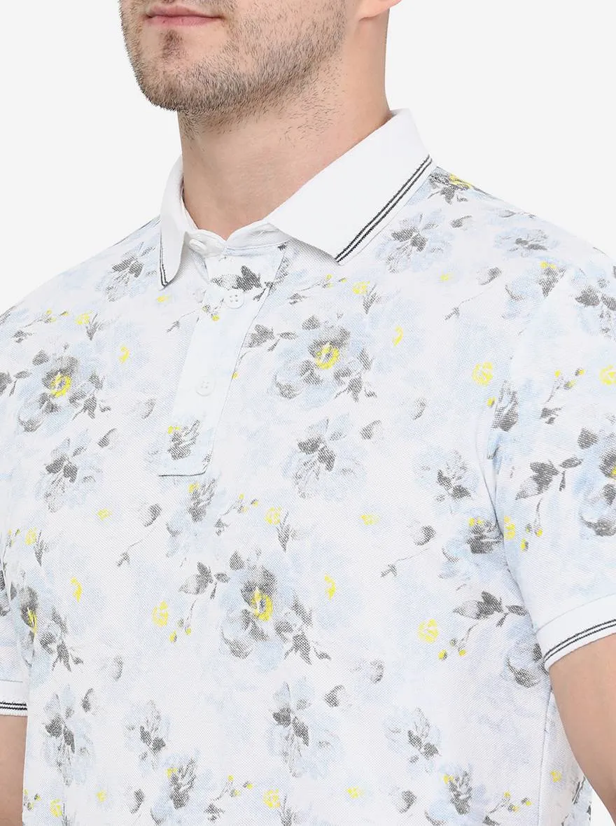 White Printed Slim Fit Polo T-Shirt | JadeBlue