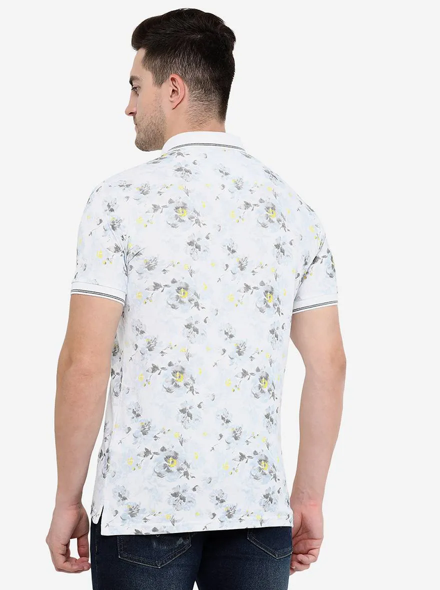 White Printed Slim Fit Polo T-Shirt | JadeBlue