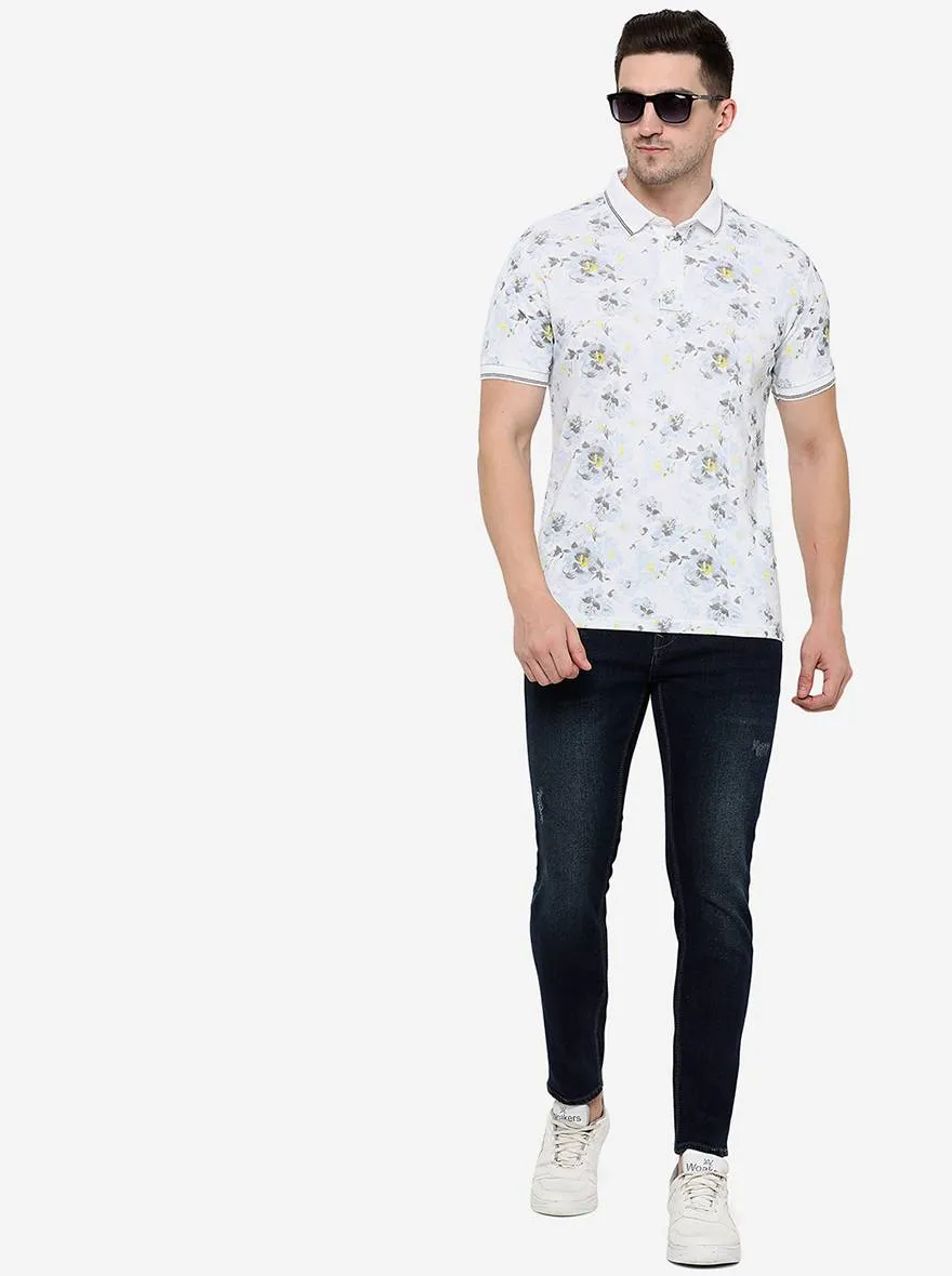 White Printed Slim Fit Polo T-Shirt | JadeBlue
