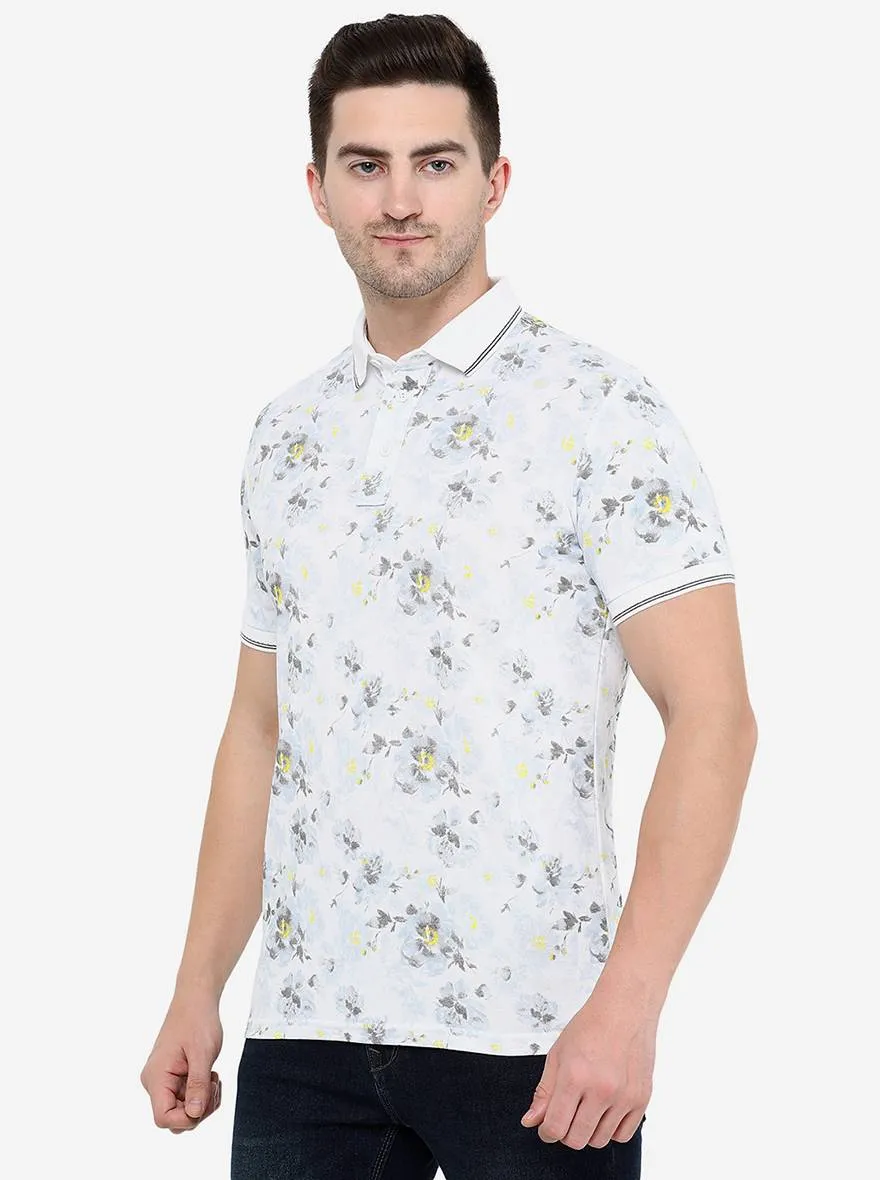 White Printed Slim Fit Polo T-Shirt | JadeBlue