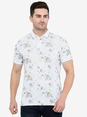 White Printed Slim Fit Polo T-Shirt | JadeBlue