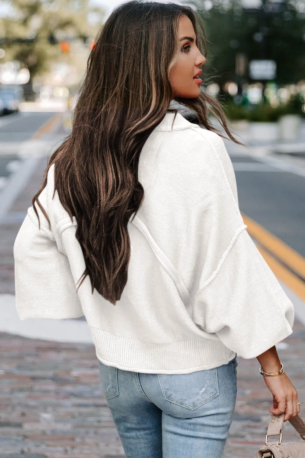 White Raw Edge Patch Pocket Exposed Seam Loose Sweater