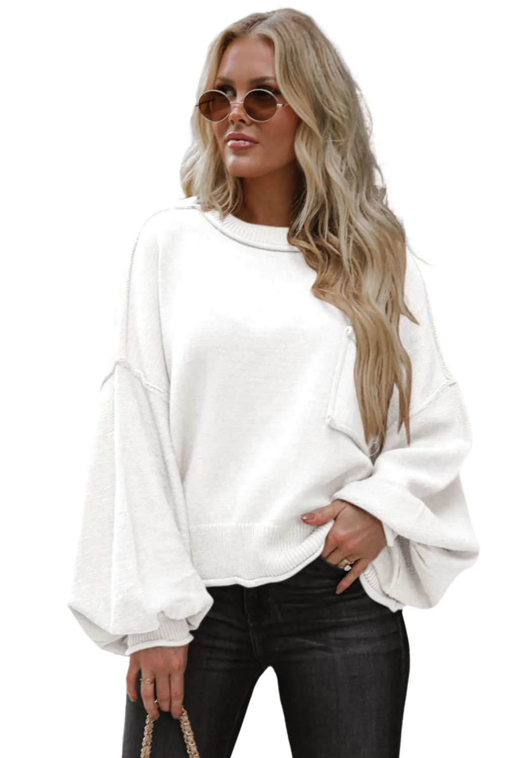 White Raw Edge Patch Pocket Exposed Seam Loose Sweater