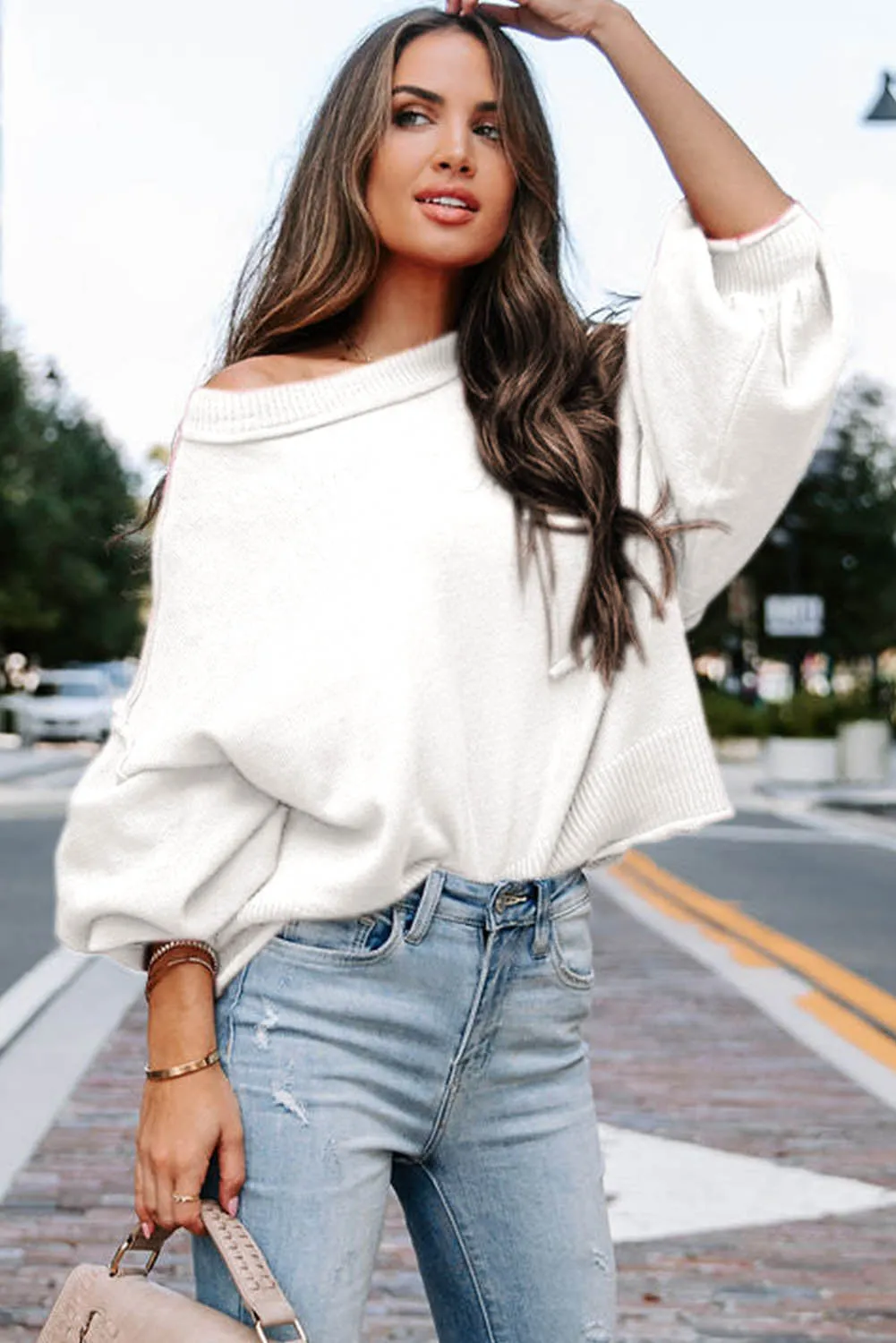 White Raw Edge Patch Pocket Exposed Seam Loose Sweater