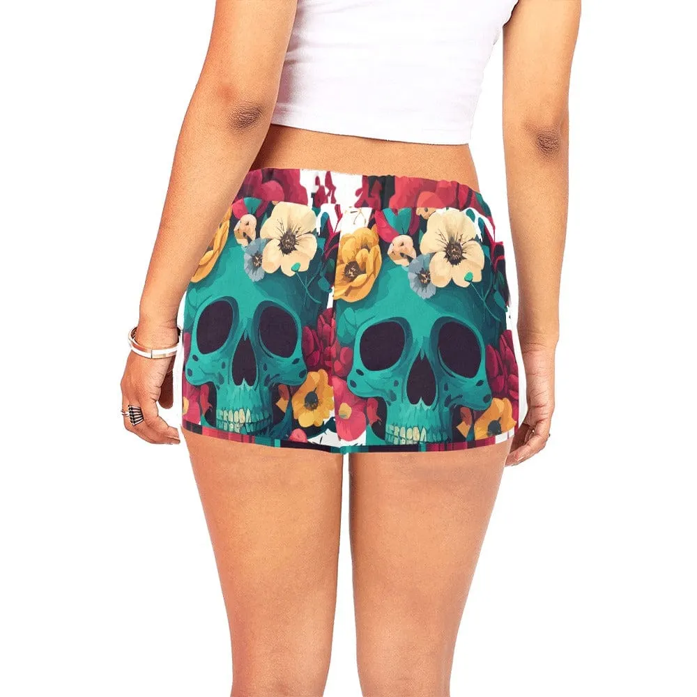Women's Blue Skulls Floral Casual Shorts