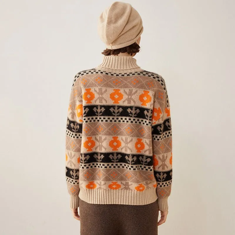 Womens Cashmere Fair Isle Knit Sweater Long Sleeve Turtleneck Pullover