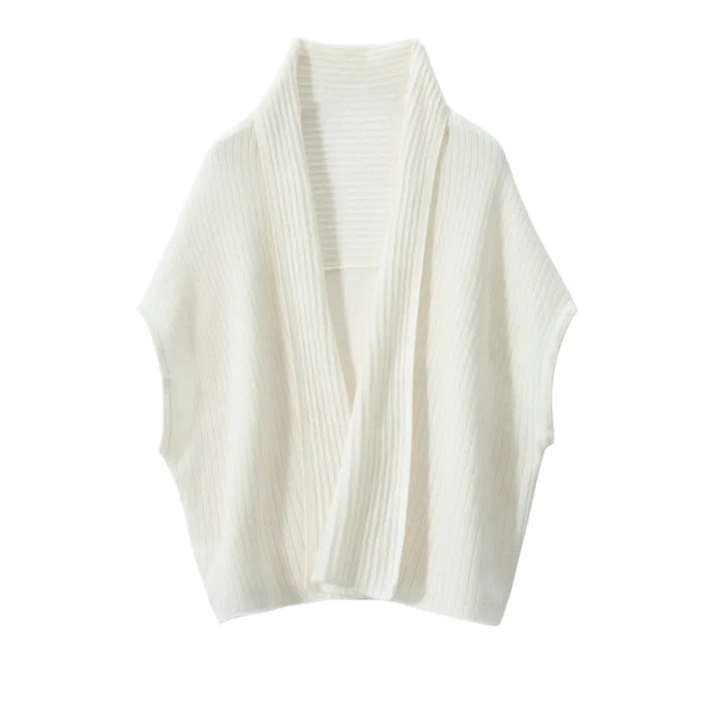 Womens Cashmere Ribbed Knit Shawl Vest Open Front Cape