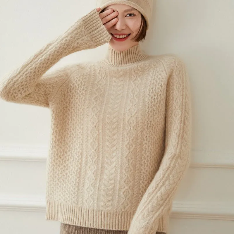 Womens Cashmere Sweater Turtleneck Cable-Knit Cashmere Blouses Tops
