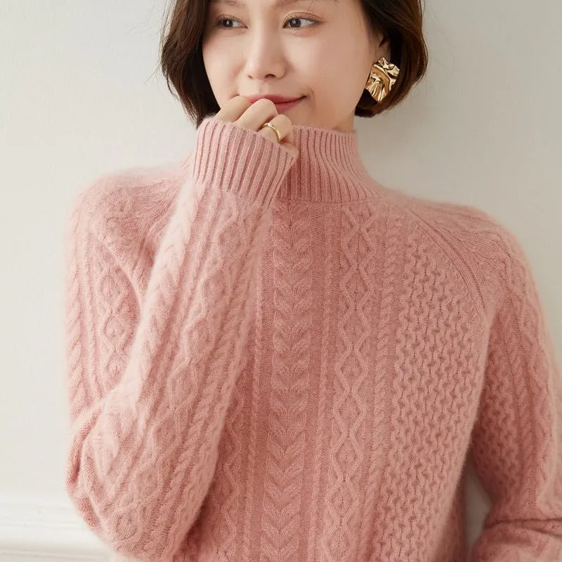 Womens Cashmere Sweater Turtleneck Cable-Knit Cashmere Blouses Tops