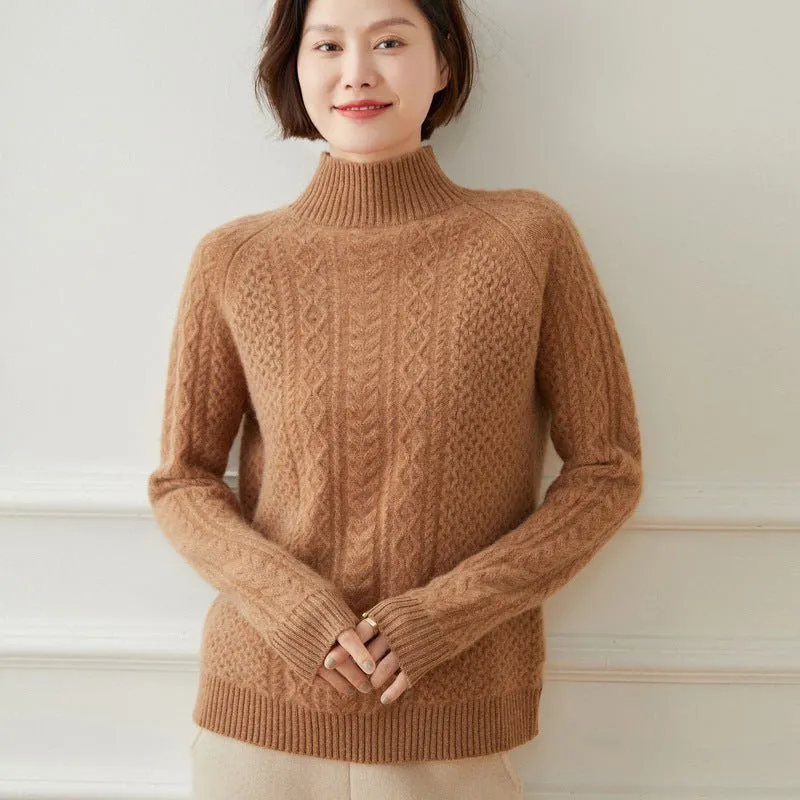 Womens Cashmere Sweater Turtleneck Cable-Knit Cashmere Blouses Tops