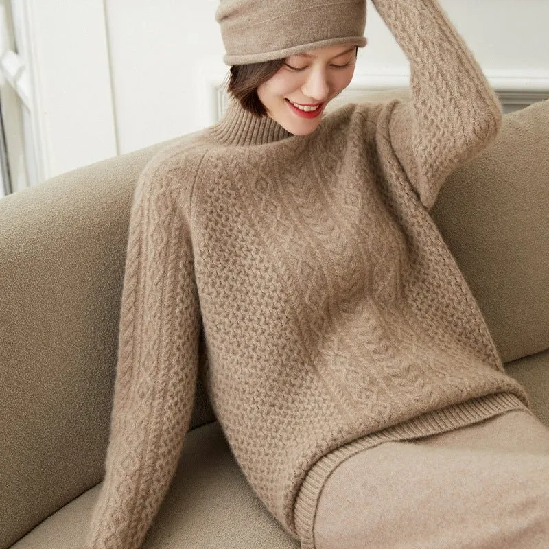 Womens Cashmere Sweater Turtleneck Cable-Knit Cashmere Blouses Tops