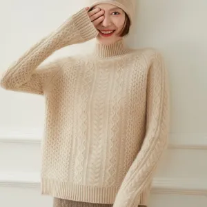 Womens Cashmere Sweater Turtleneck Cable-Knit Cashmere Blouses Tops