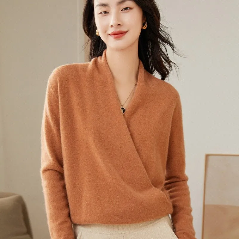Womens Cashmere Wrap Sweater V-Neck Long Sleeve Cashmere Tops