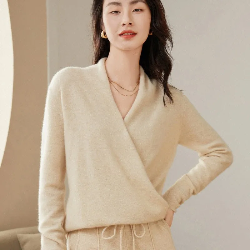 Womens Cashmere Wrap Sweater V-Neck Long Sleeve Cashmere Tops