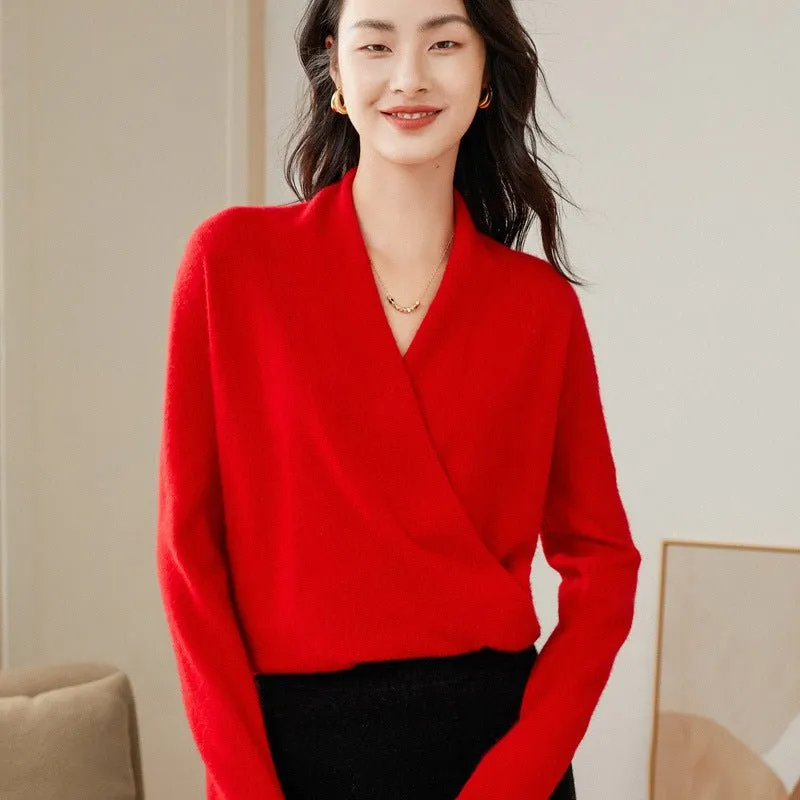 Womens Cashmere Wrap Sweater V-Neck Long Sleeve Cashmere Tops