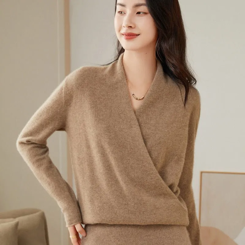 Womens Cashmere Wrap Sweater V-Neck Long Sleeve Cashmere Tops