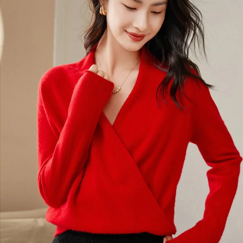 Womens Cashmere Wrap Sweater V-Neck Long Sleeve Cashmere Tops