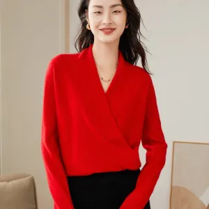 Womens Cashmere Wrap Sweater V-Neck Long Sleeve Cashmere Tops