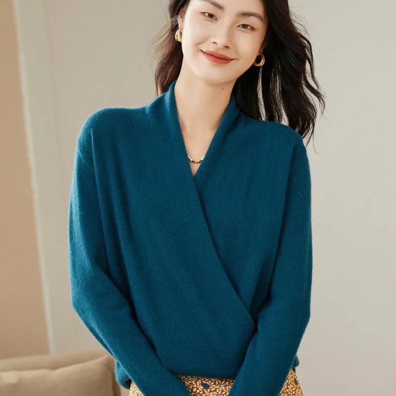 Womens Cashmere Wrap Sweater V-Neck Long Sleeve Cashmere Tops