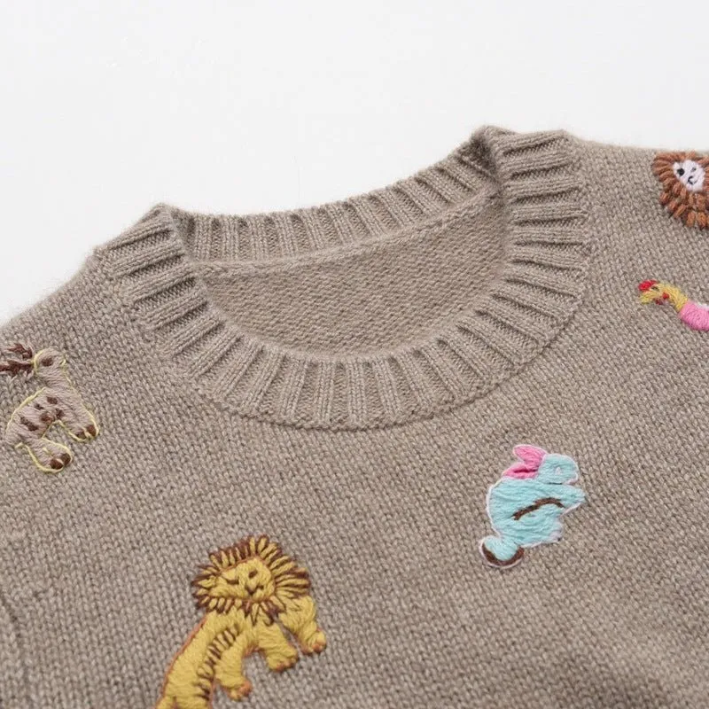 Womens Crew Neck Cashmere Sweater Playful Animal Embroidery Pullover
