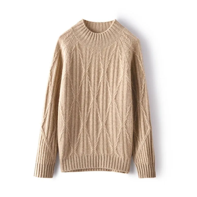 Womens Crew Neck Textured Cable Knit Long Sleeve Cashmere Sweater