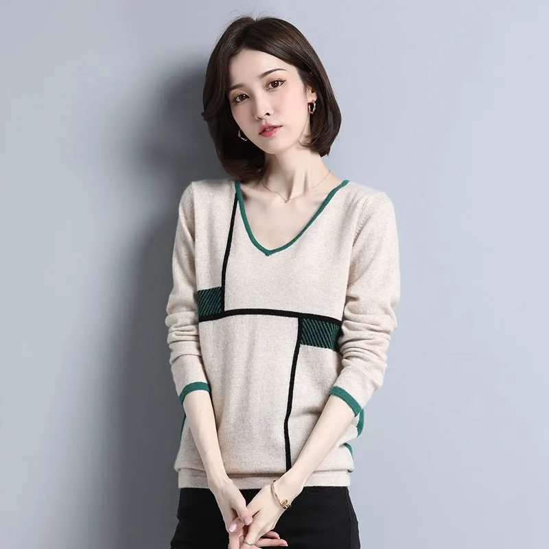 Womens Geometric Pattern V-Neck Long Sleeve Cashmere Sweater