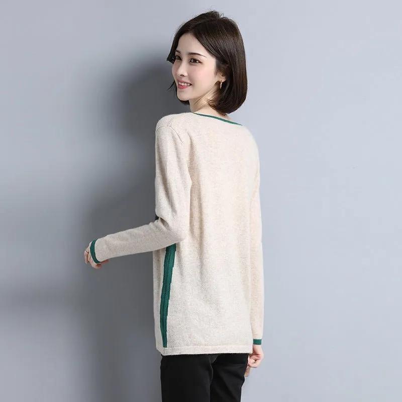 Womens Geometric Pattern V-Neck Long Sleeve Cashmere Sweater