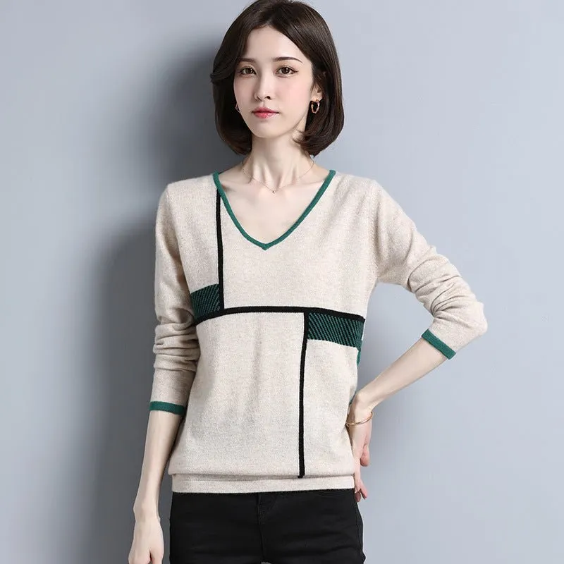 Womens Geometric Pattern V-Neck Long Sleeve Cashmere Sweater