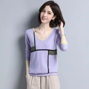 Womens Geometric Pattern V-Neck Long Sleeve Cashmere Sweater