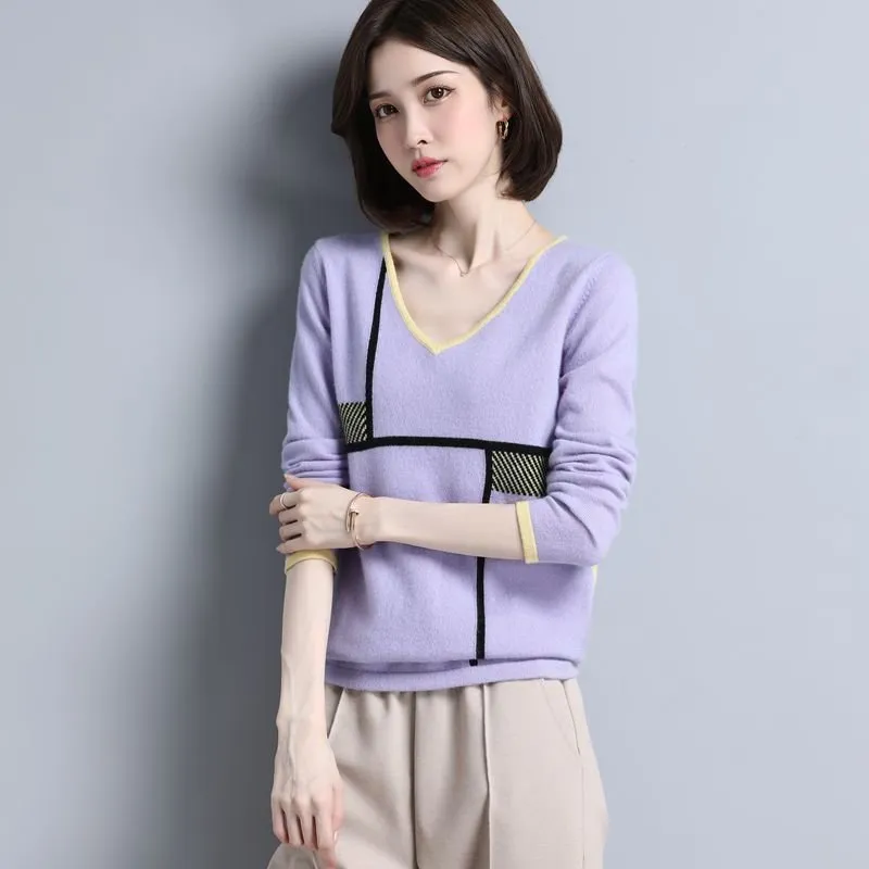 Womens Geometric Pattern V-Neck Long Sleeve Cashmere Sweater