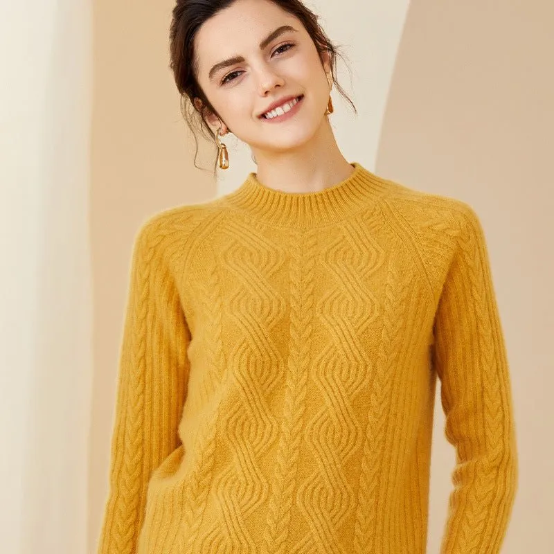 Womens Long Cable Knit Mock Neck Cashmere Sweater