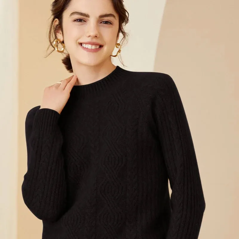 Womens Long Cable Knit Mock Neck Cashmere Sweater