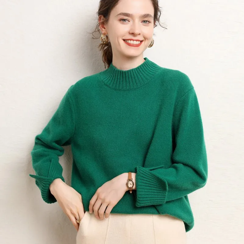 Womens Mock Neck Cashmere Sweater Drop Shoulder Cashmere Pullover