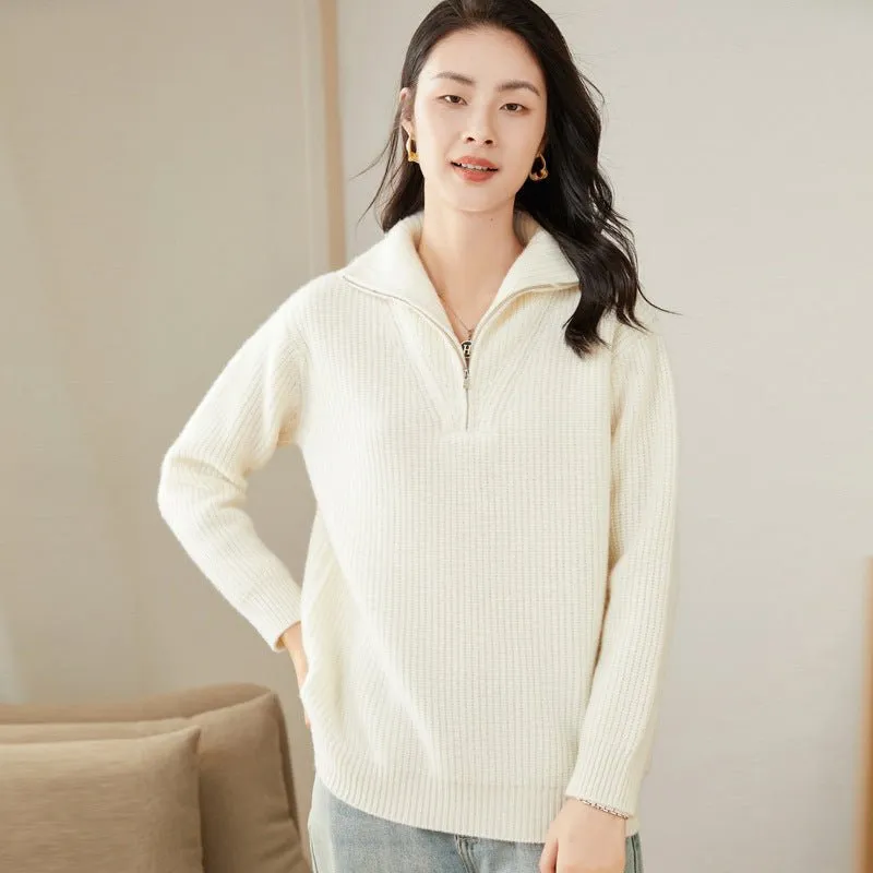 Womens Rib-Knit Cashmere Sweater Half Zip-up Cashmere Pullover Tops