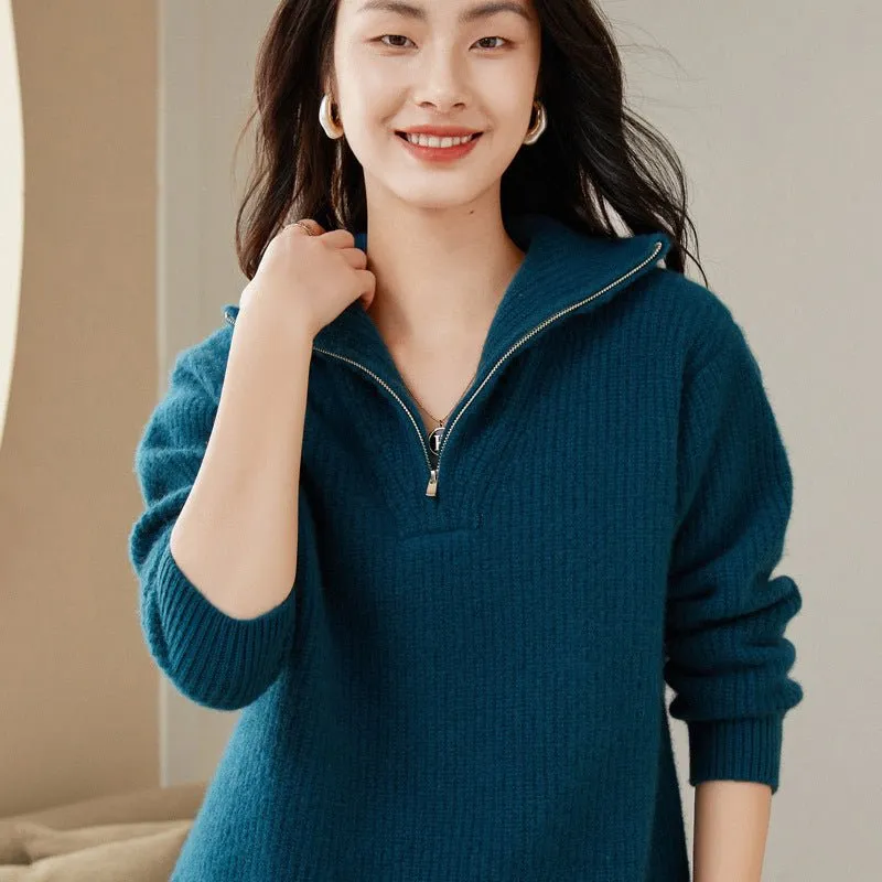 Womens Rib-Knit Cashmere Sweater Half Zip-up Cashmere Pullover Tops