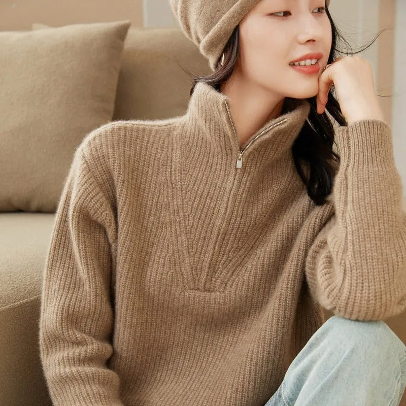 Womens Rib-Knit Cashmere Sweater Half Zip-up Cashmere Pullover Tops