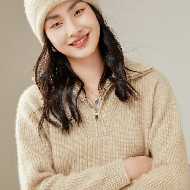 Womens Rib-Knit Cashmere Sweater Half Zip-up Cashmere Pullover Tops