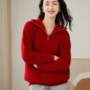 Womens Rib-Knit Cashmere Sweater Half Zip-up Cashmere Pullover Tops