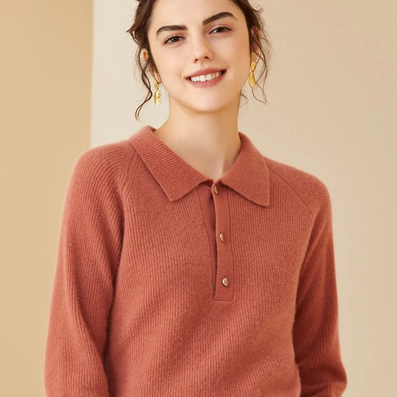 Womens Ribbed Cashmere Polo Sweater Button-Up Long Sleeves Sweater