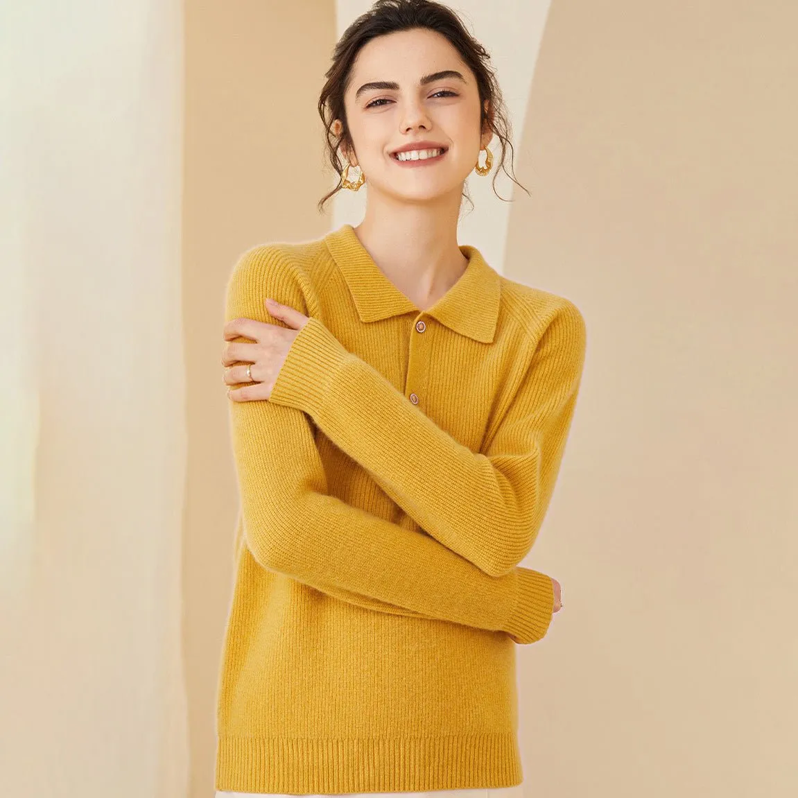 Womens Ribbed Cashmere Polo Sweater Button-Up Long Sleeves Sweater