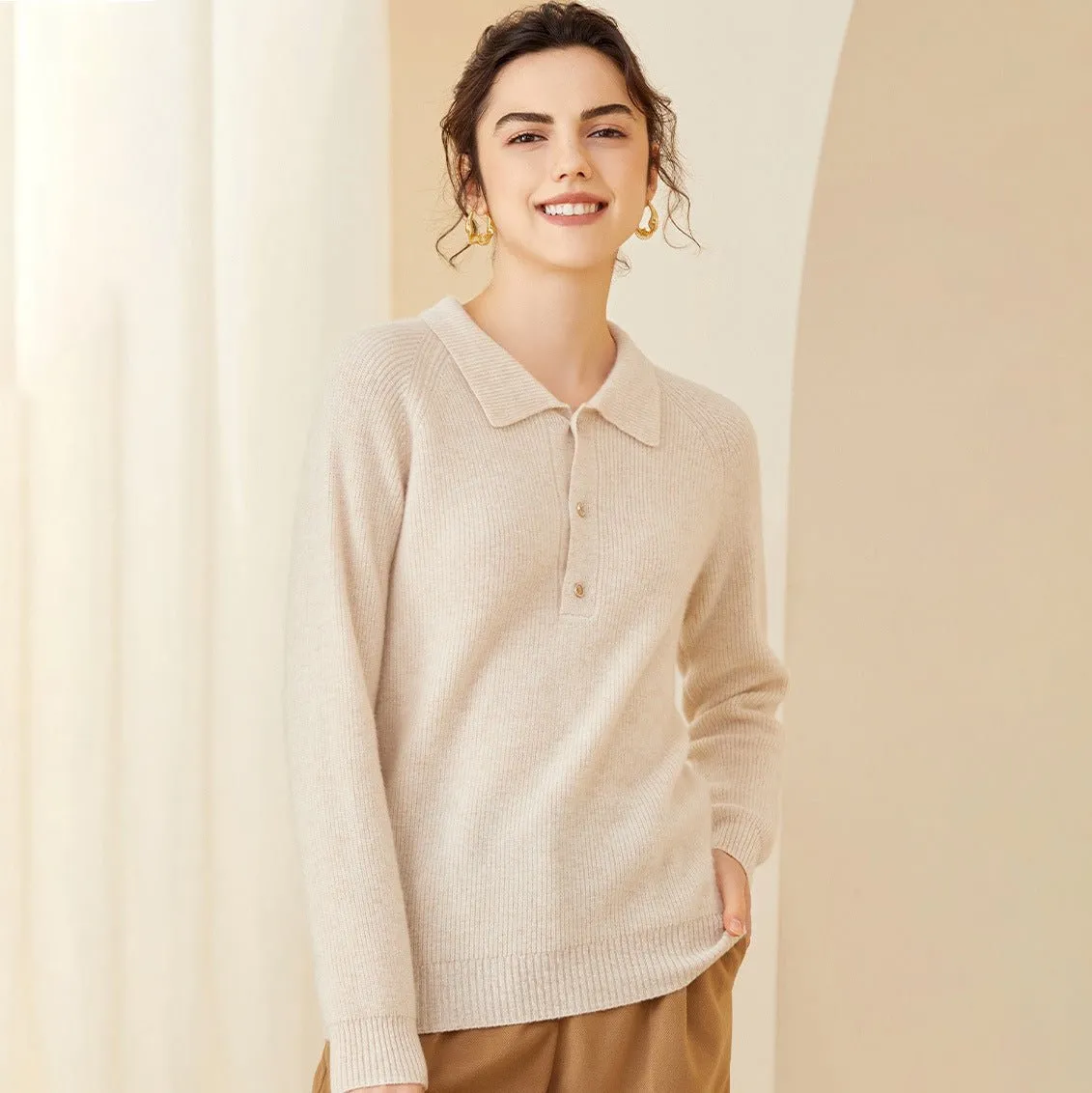 Womens Ribbed Cashmere Polo Sweater Button-Up Long Sleeves Sweater